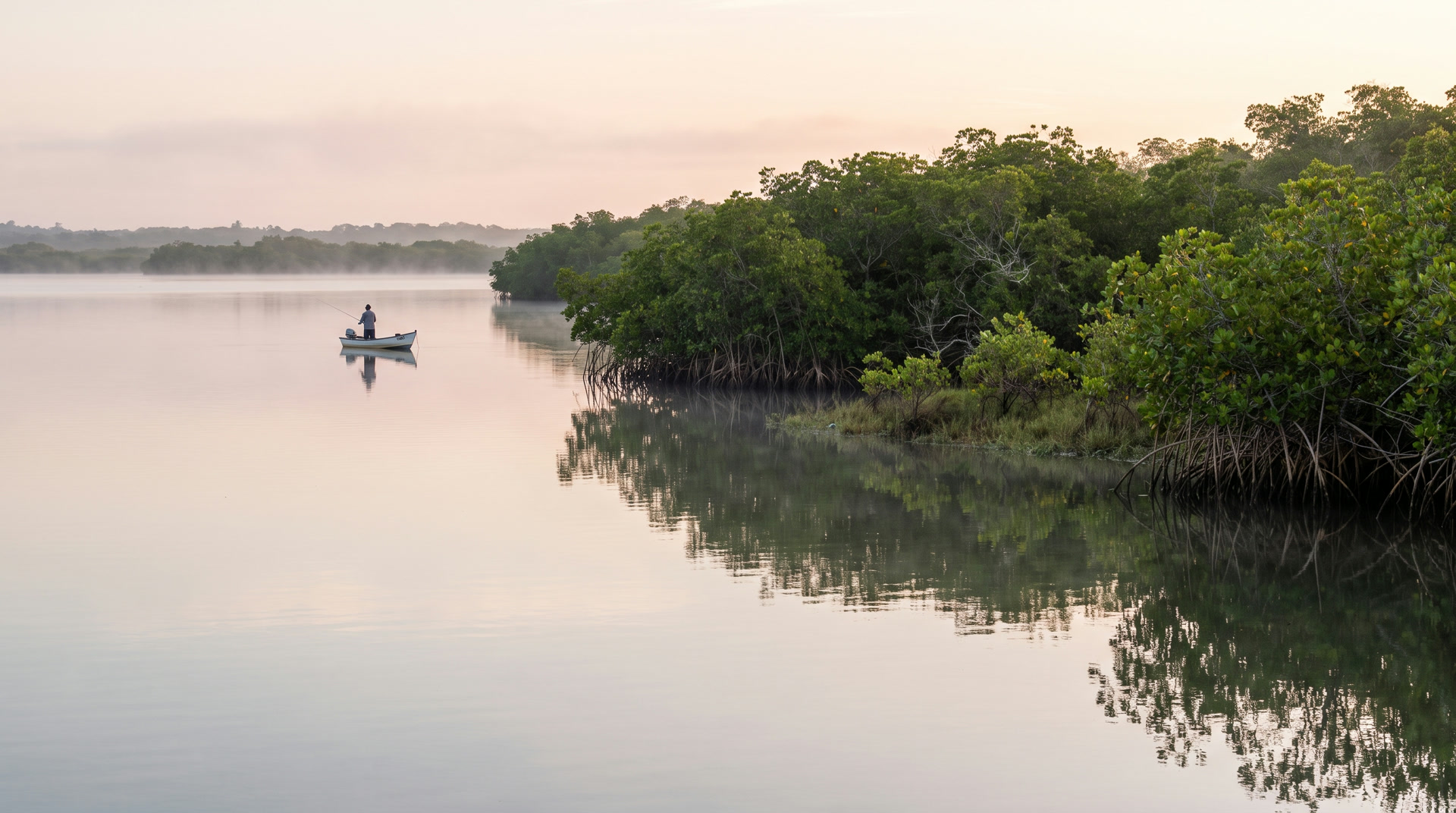 Lagoa de água salgada ao amanhecer, com manguezal e um pescador de barco ao longe